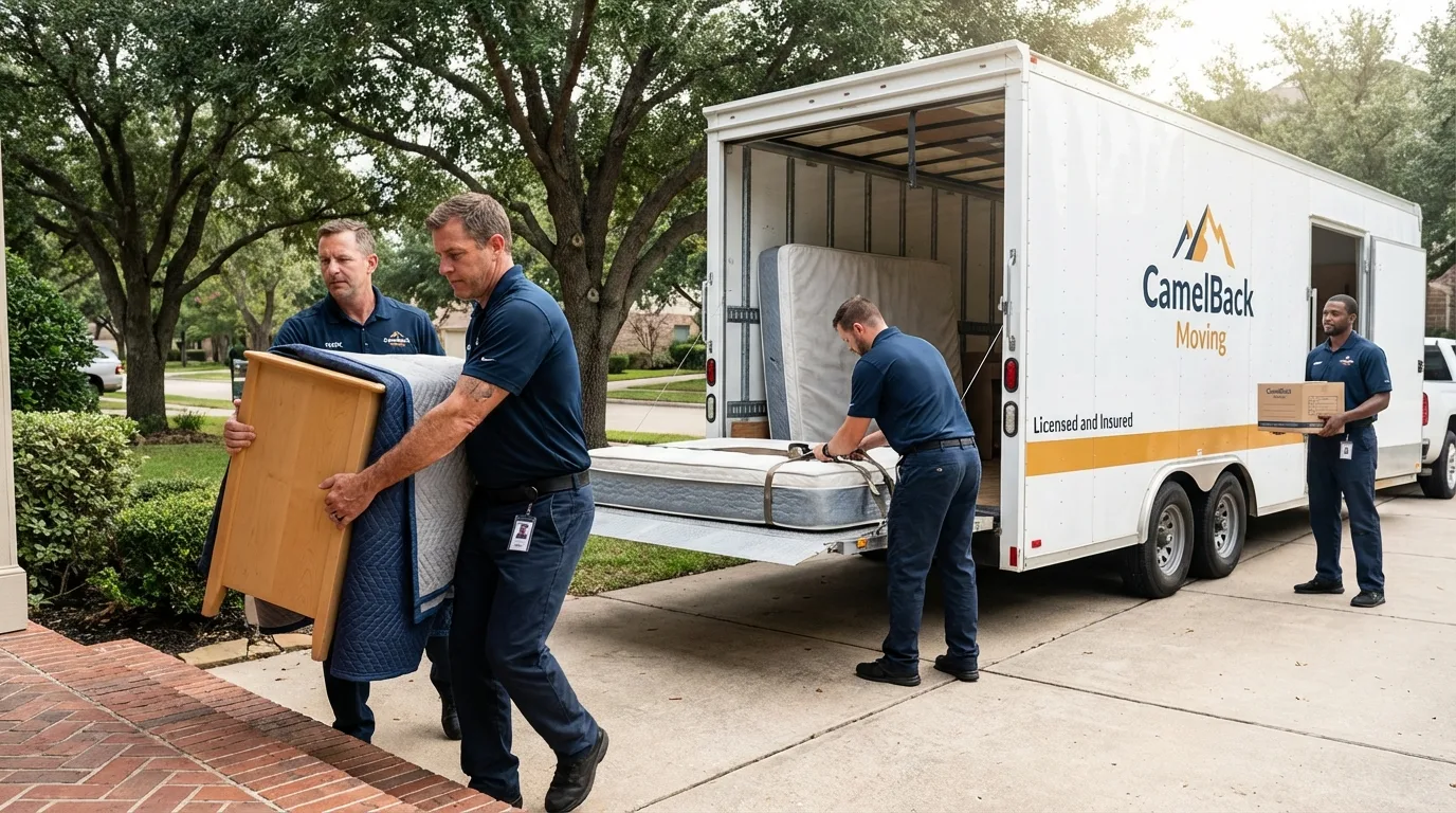 Crew loading residential truck for cross-state move from Ball, LA