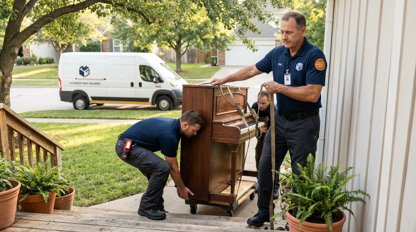 Licensed piano movers securing grand piano in Ball, LA