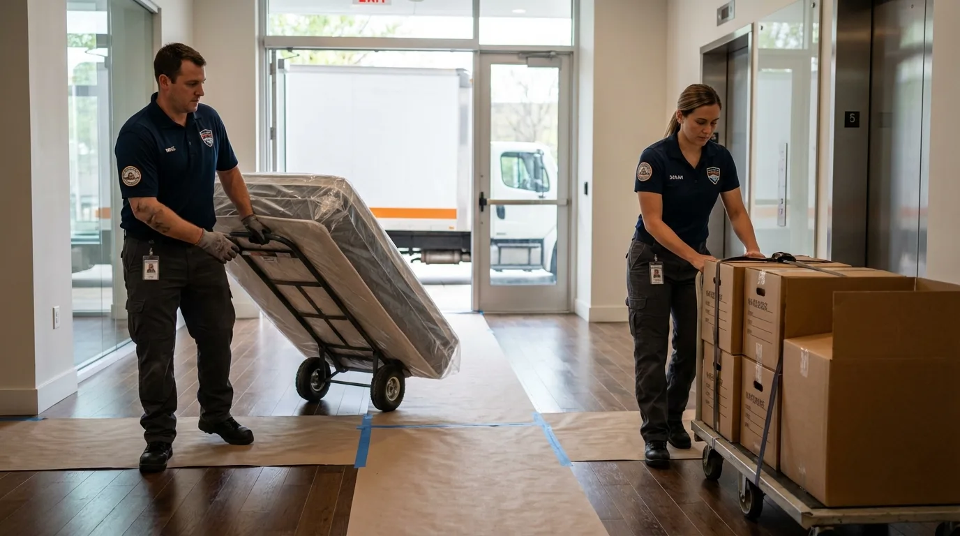 Professional apartment movers loading elevator in Ball, LA